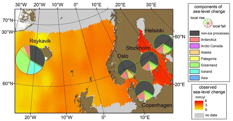 De seneste års ændring i havniveauet ved fem skandinaviske hovedstæder. Baggrundsfarven i havene viser de oberserverede ændringer i havniveauet fra 1993 til 2016, målt fra satellitter.