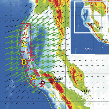 Jordoverfladens bev&aelig;gelse ved Sumatrajordsk&aelig;lvet den 26. december 2004 beregnet ud fra forkastningsmodellen.