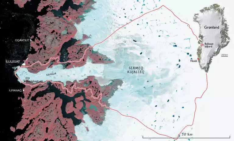 Satellitbillede der viser Ilulissat Isfjord og den omgivende region.