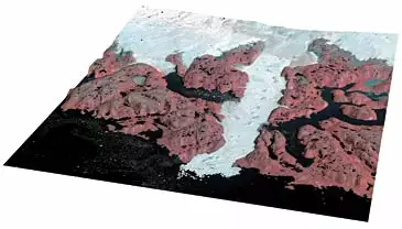 Tredimensionalt satellitbillede af Kangia og den omgivende region, set fra vest. Farverne er kunstige. Omr&aring;der med vegetation er brune eller r&oslash;de. N&oslash;gne klippeoverflader er gr&aring;. Den vertikale skala er overdrevet for at tydeligg&oslash;re h&oslash;jdeforskellene.