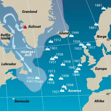 Fordelingen af isfjelde i Nordatlanten, inklusive &aring;rstal p&aring; us&aelig;dvanlige iagttagelser. Titanics forlis i 1912 er markeret sydvest for Newfoundland.