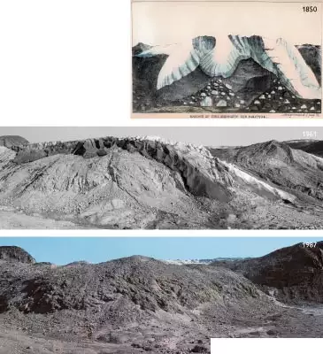 En af glaciologiens store pionerer, Hinrich Rink, tegnede i 1850 Indlandsisens rand ved Paakitsoq nord for Kangia. Dengang rykkede isranden frem, og isen n&aring;ede sin maksimale udbredelse p&aring; stedet omkring 1880. Siden er der sket en gradvis tilbagetr&aelig;kning, hvilket fremg&aring;r af billederne fra 1961 og 1987.