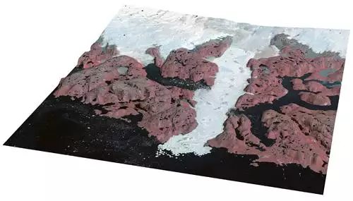 Tredimensionalt satellitbillede af isfjorden og den omgivende region, set fra vest